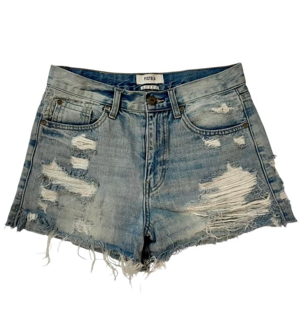 PISTOLA WOMEN’S CASUAL DENIM SHORTS WITH HEAVY DISTRESSING AND FRAYED HEM SZ 27